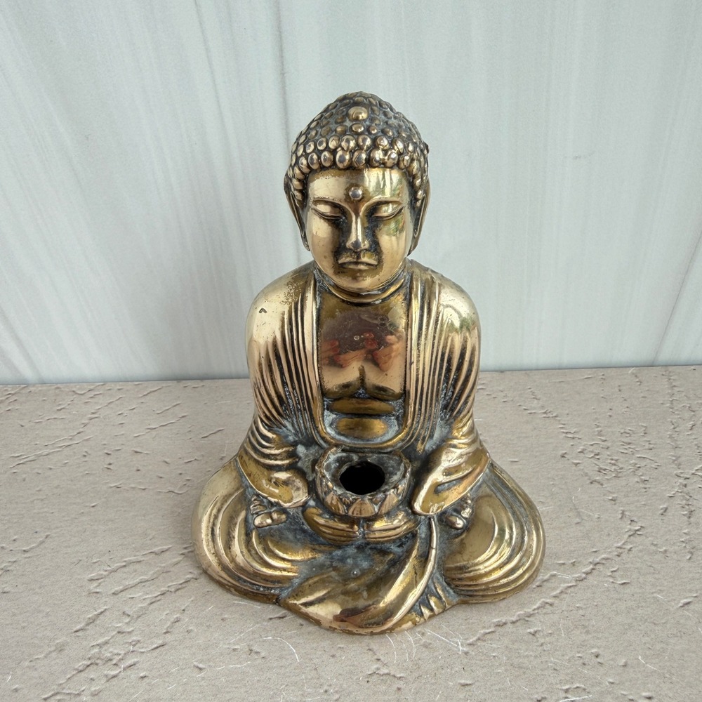 Vintage Solid Brass Meditating Buddha Figurine Incense Holder 4 Inch Statue